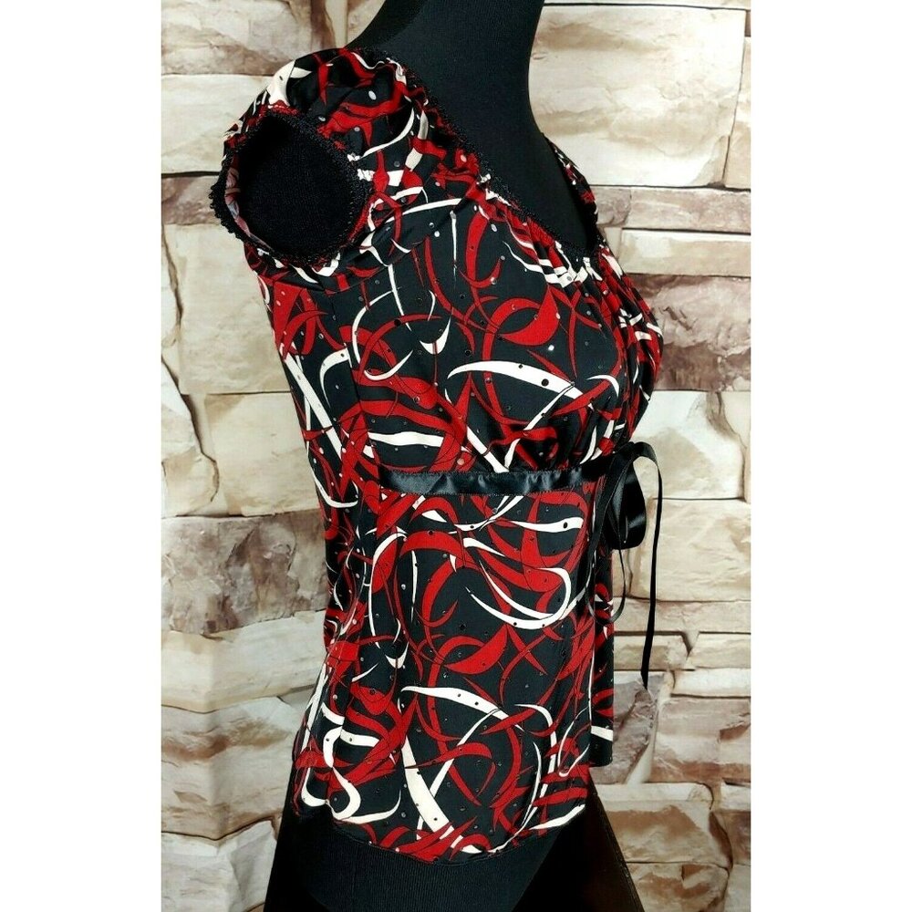 Agenda Womens Petite M Sequin Top Blouse Red Black - Picture 6 of 10